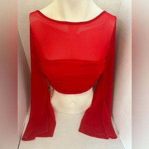 New Shein Women’s Long Sleeve Sheer Red Crop Top Blouse-Small